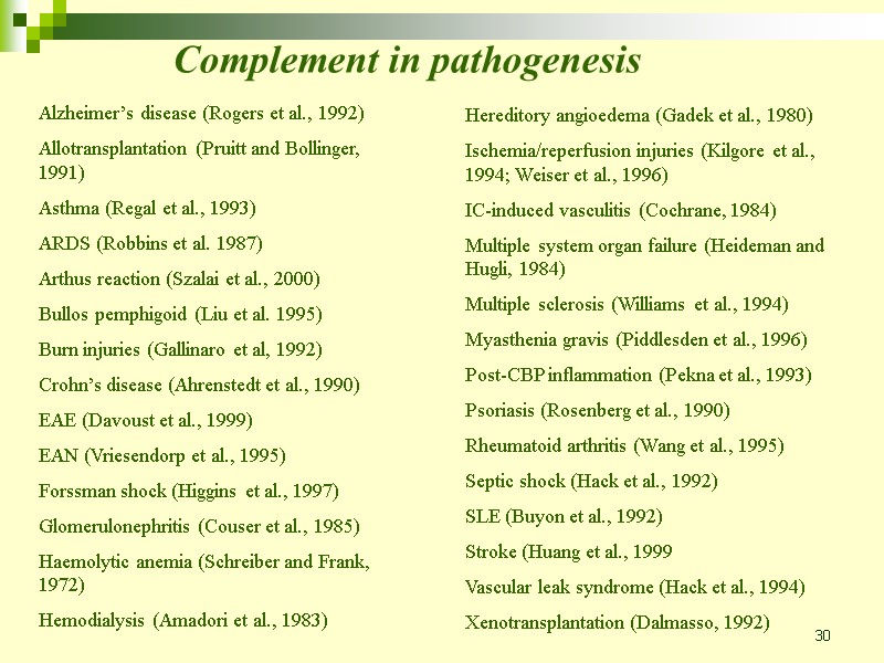 30 Complement in pathogenesis Alzheimer’s disease (Rogers et al., 1992) Allotransplantation (Pruitt and Bollinger,